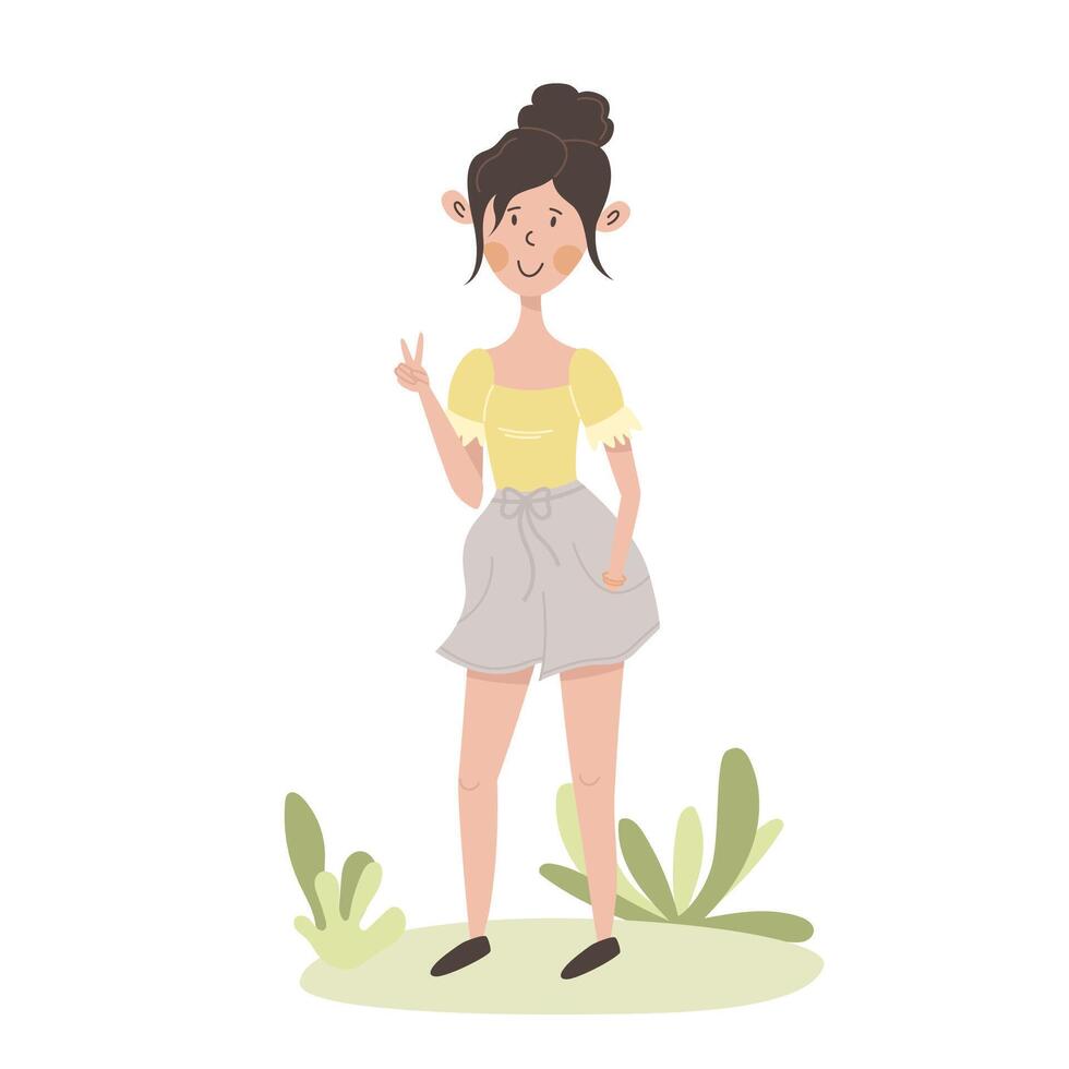 Cute cartoon flat girl in light shorts. Young happy white woman stands in garden and shows peace sign with her hand. Slow lifestyle. Summer walk in nature. Funny spring character for use in ad. vector