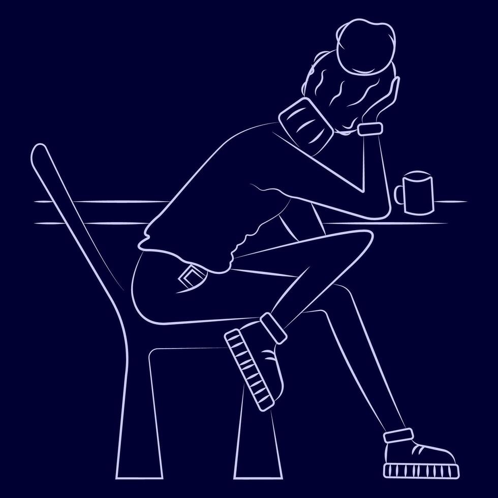 Simple linear illustration of young modern girl in casual clothes. Sitting for coffee, tea by the window. Fashion image store, cafe, shop. Autumn home cozy vacation. Ready for coloring, label, emblem vector