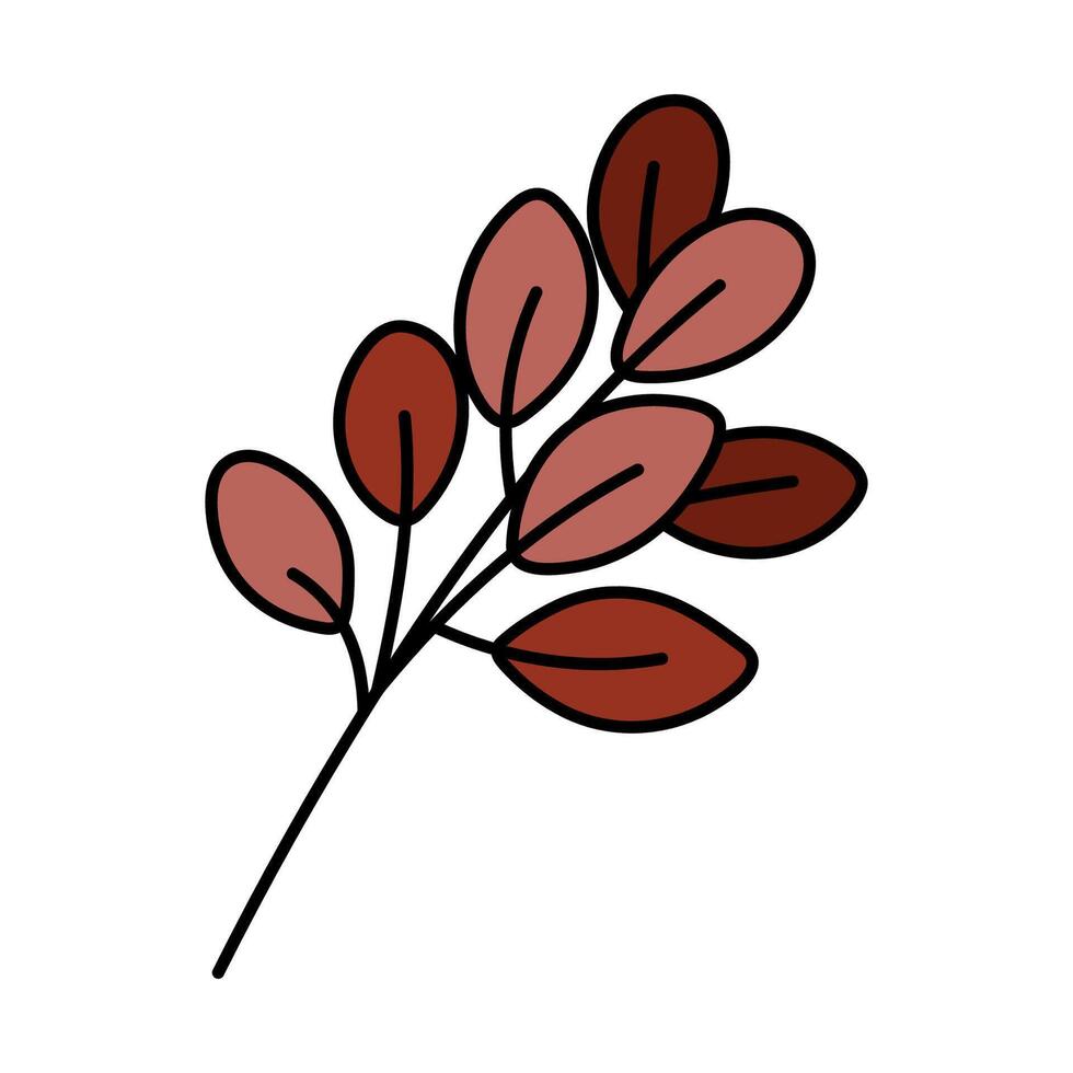 Cute red twig with leaves. Hand drawn detailed illustration. vector