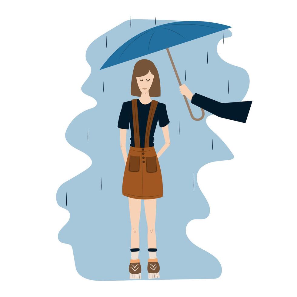 Beautiful schoolgirl stands happy in the rain. A man hands an umbrella to a young woman. White teen girl in sundress and sneakers. Fashion flat illustration. Funny print. Images for book, magazine vector