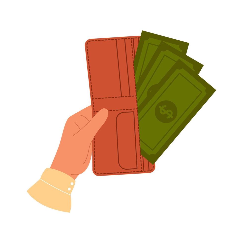 mano sostiene marrón billetera con verde papel dinero. bolso con papel divisa. billetera lleno con dinero vector