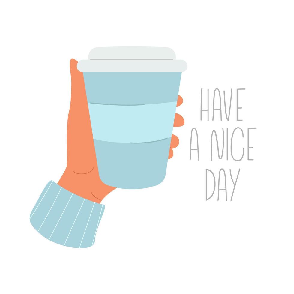 Paper cup of coffee in female hand. Takeaway tea cup. Coffee break vector