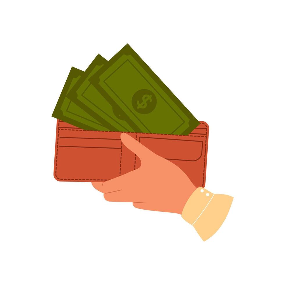 Hand holds purse with green dollars. Money wallet with paper currency. illustration vector