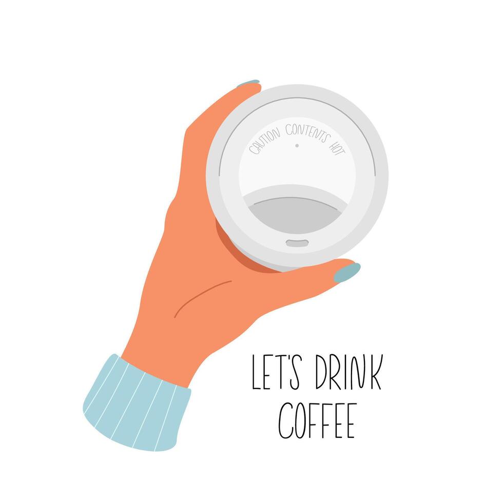 Paper cup of coffee in female hand. Coffee break time vector