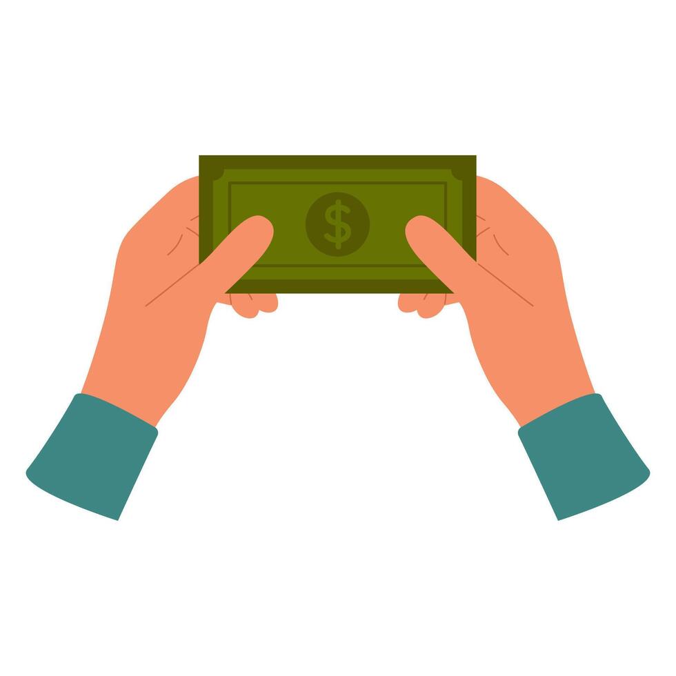 Two hands hold paper green dollar banknote. Paper money in hands. Cash currency operations vector