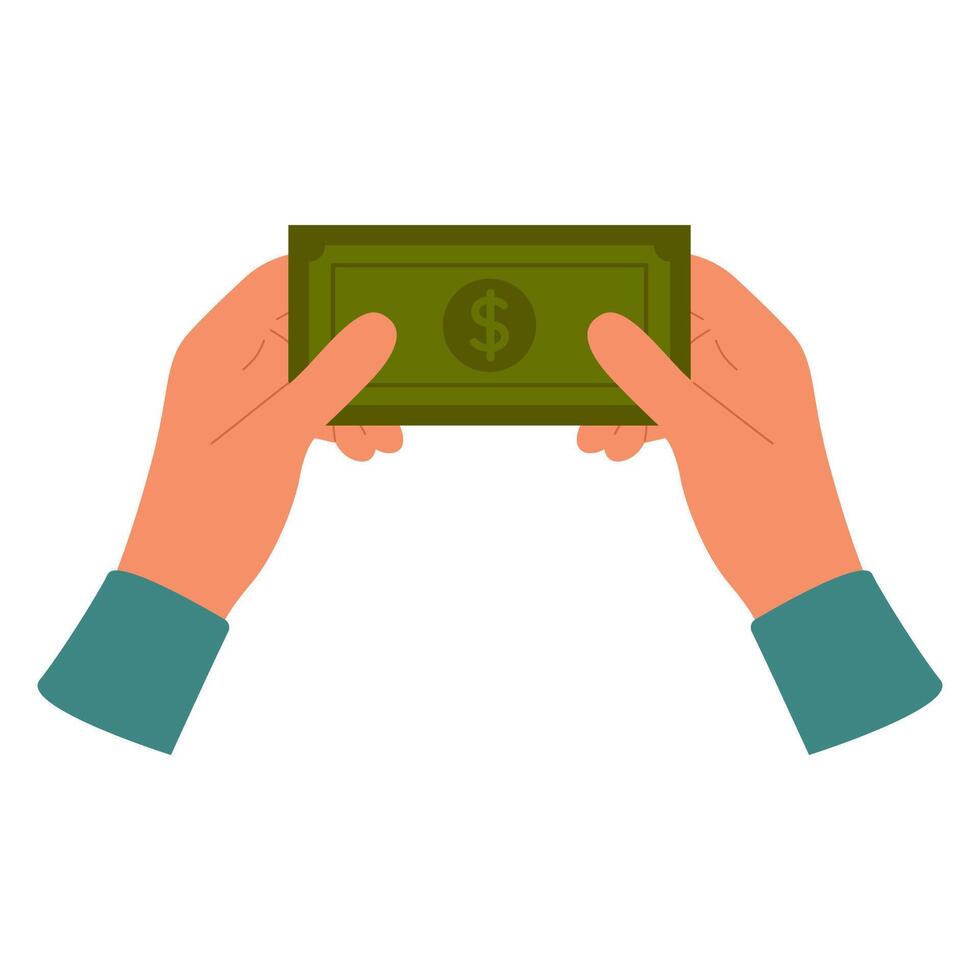 Two hands hold paper green dollar banknote. Paper money in hands. Cash currency operations vector