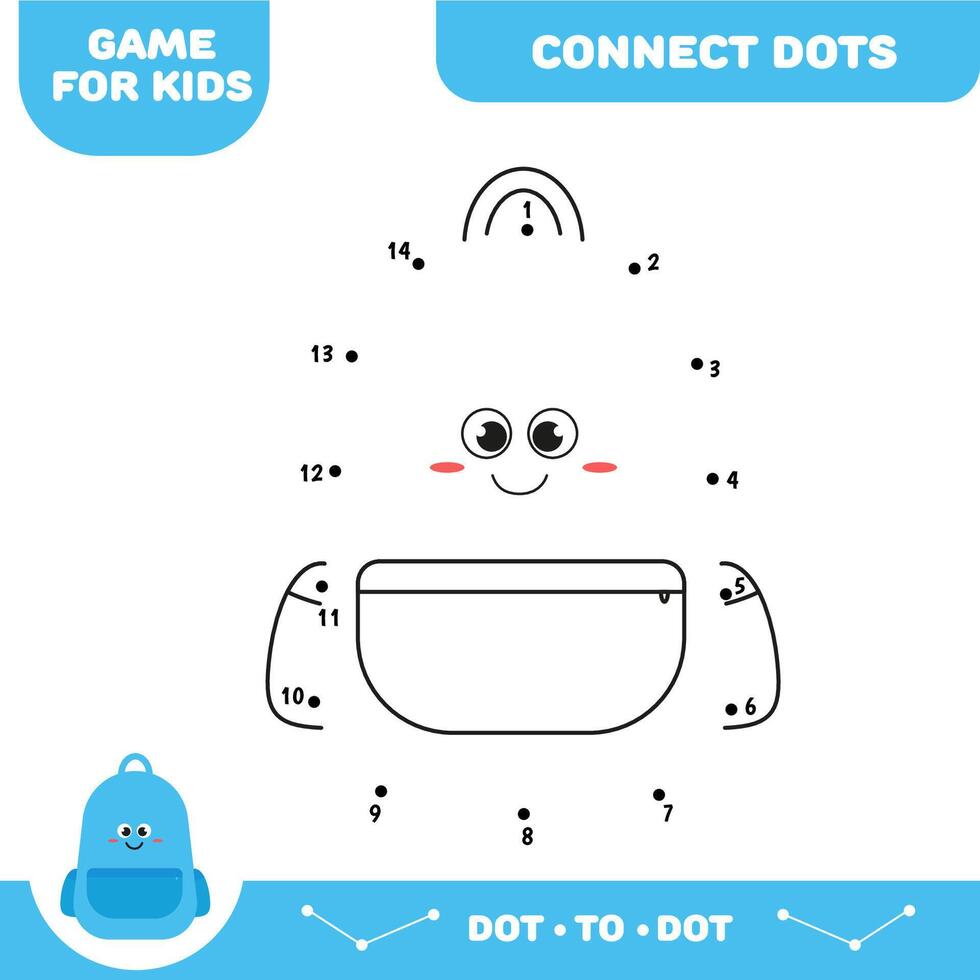 Dot to dot educational game for preschool kids. Activity worksheet. Backpack vector