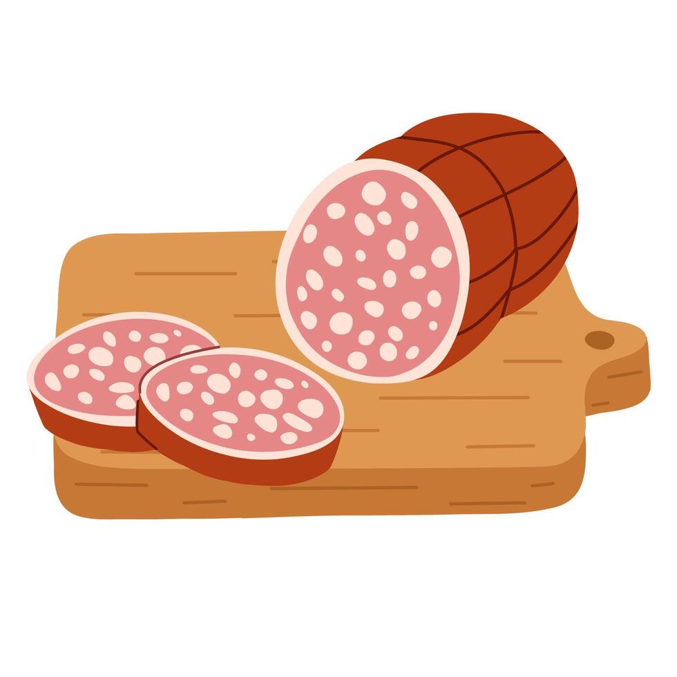 Salami sausage roll. Meat products. Cut wurst on wooden tray. Flat hand drawn vector