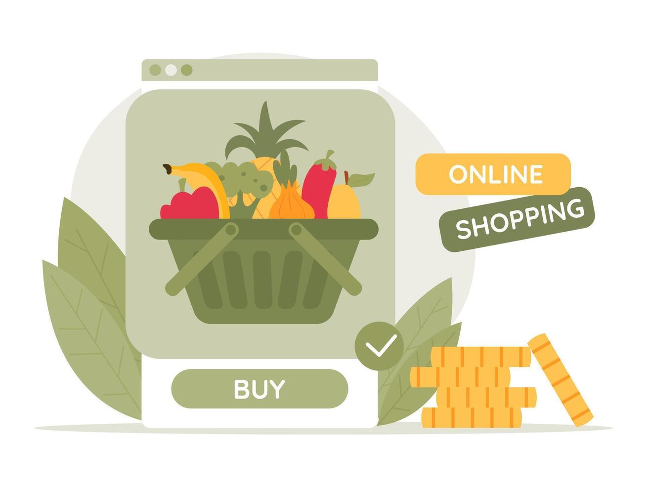 en línea mercado. compras carro reciclar bolso lleno de orgánico alimento. en línea compras concepto vector