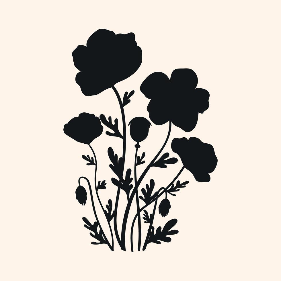 Poppy flowers bouquet silhouette isolated on white background. Poppies flowers bunch silhouettes vector