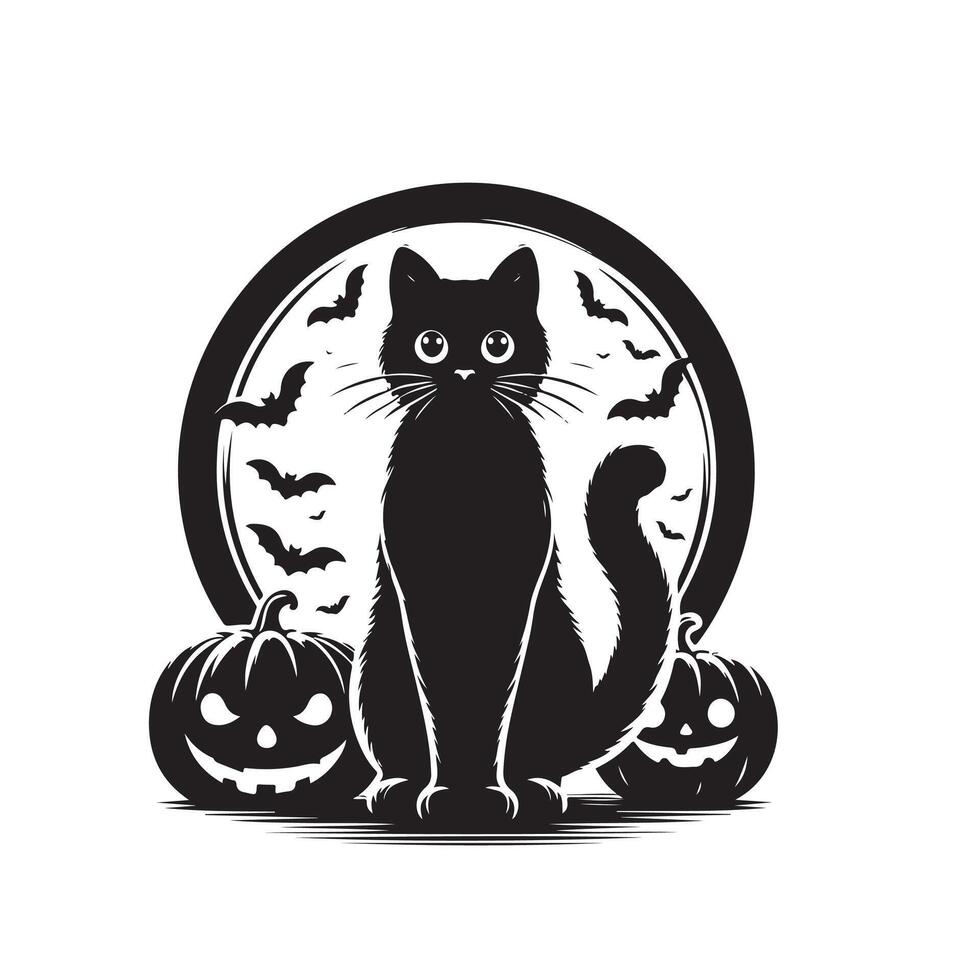 Halloween black cat silhouette, black cat black and white color, black cat art design style vector