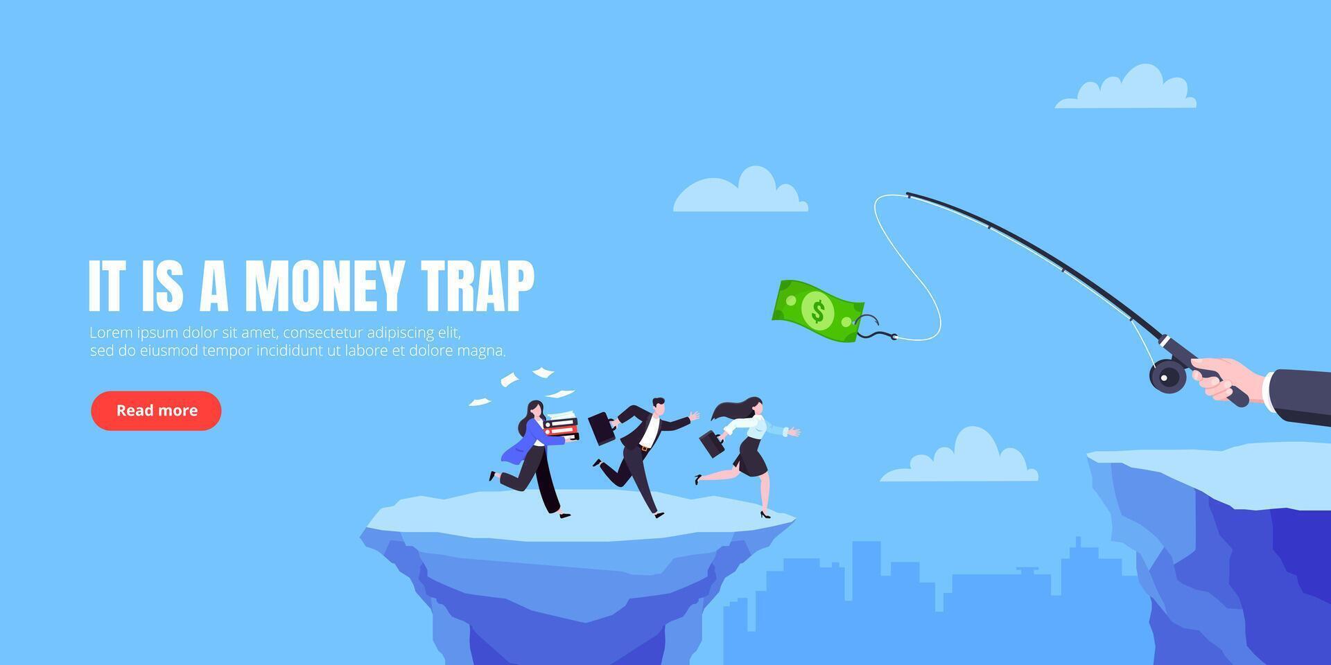 Money trap business concept. Young adult businesswoman running to catch the money. vector