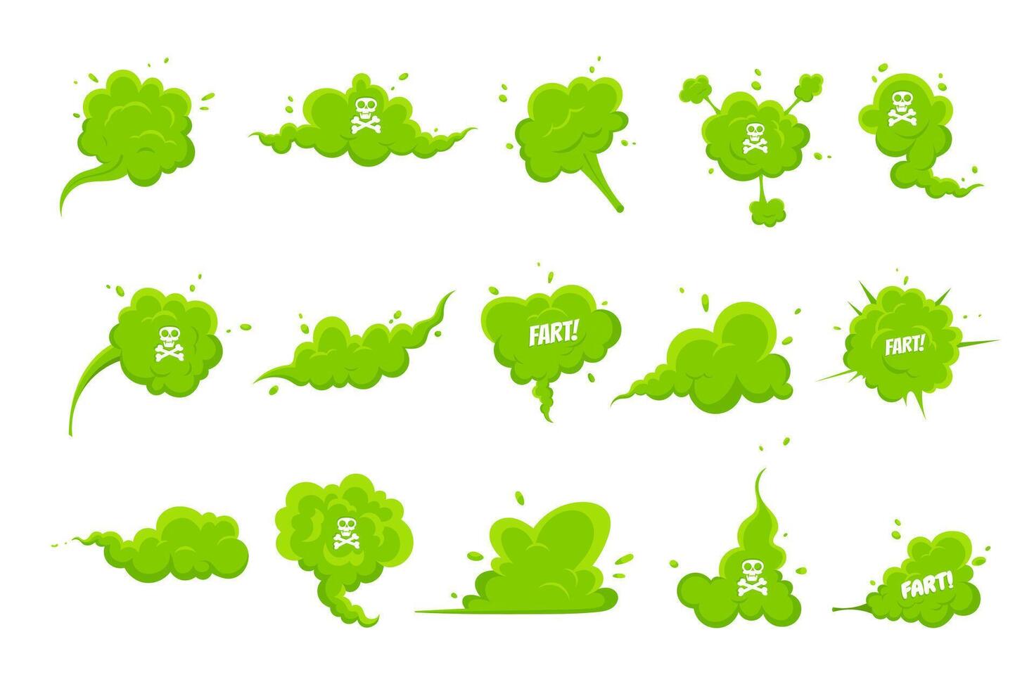 Smelling green cartoon smoke or fart clouds flat style design illustration set. Bad stink or toxic aroma cartoon smoke cloud isolated on white background. vector