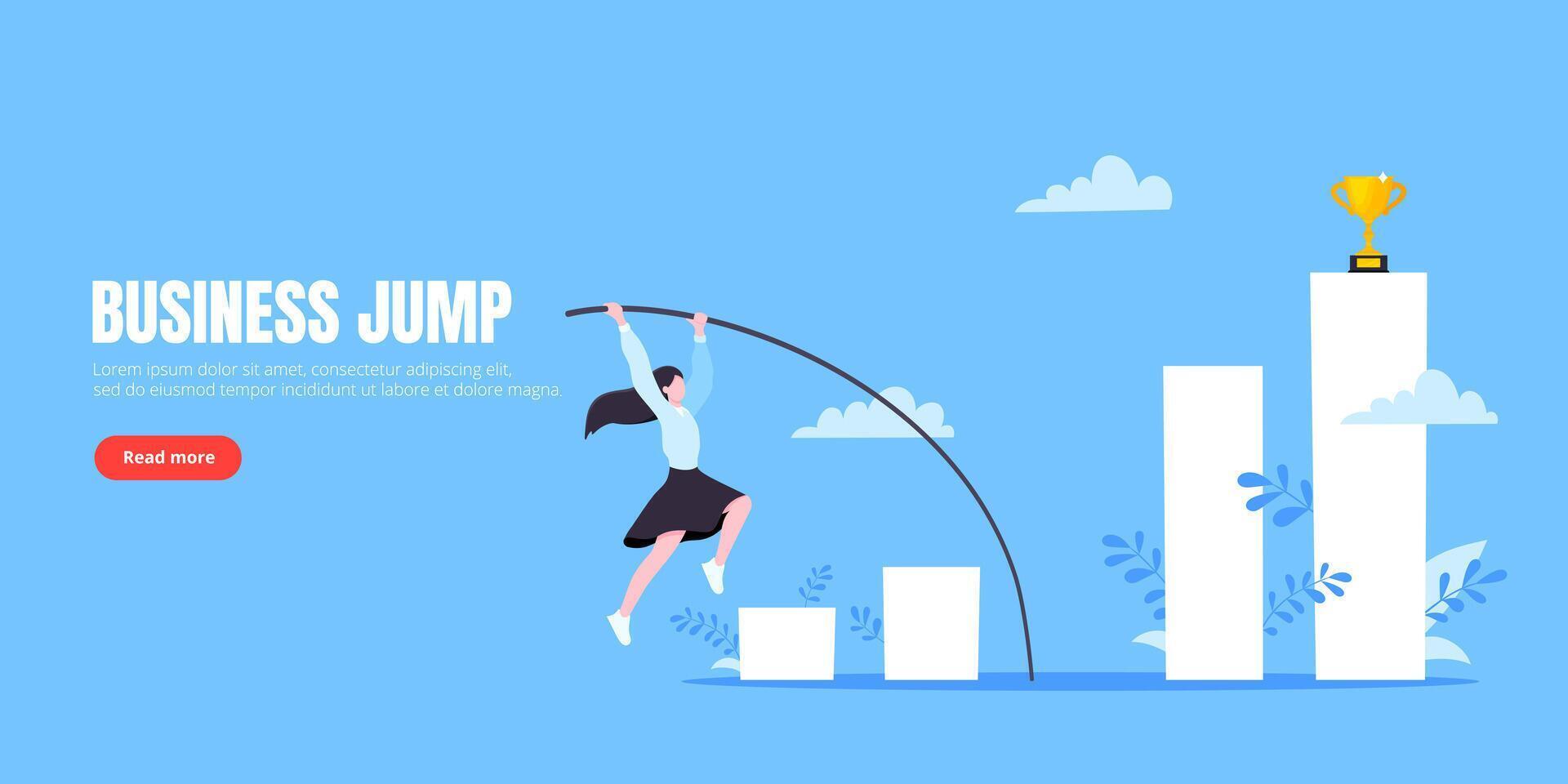 Businesswoman jumps pole vault over graph bars flat style design illustration vector