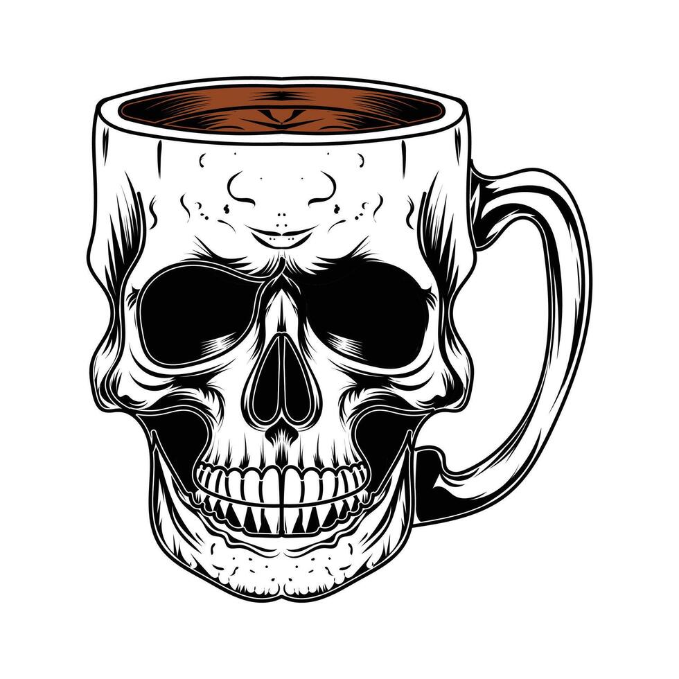 skull with coffee mug illustration black and white on white background vector