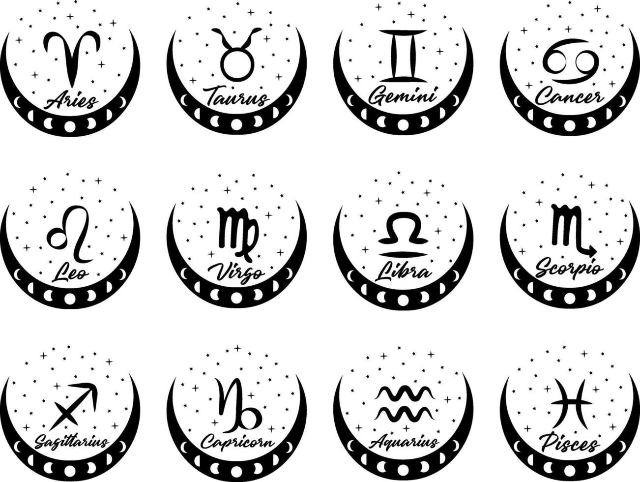 Galactic Zodiac Icons Collection. White Background Mystic Astrology Symbols. Esoteric Horoscope Illustrations. Cosmic Calendar Art with Moon Phases. Constellations Wall Art. illustration vector