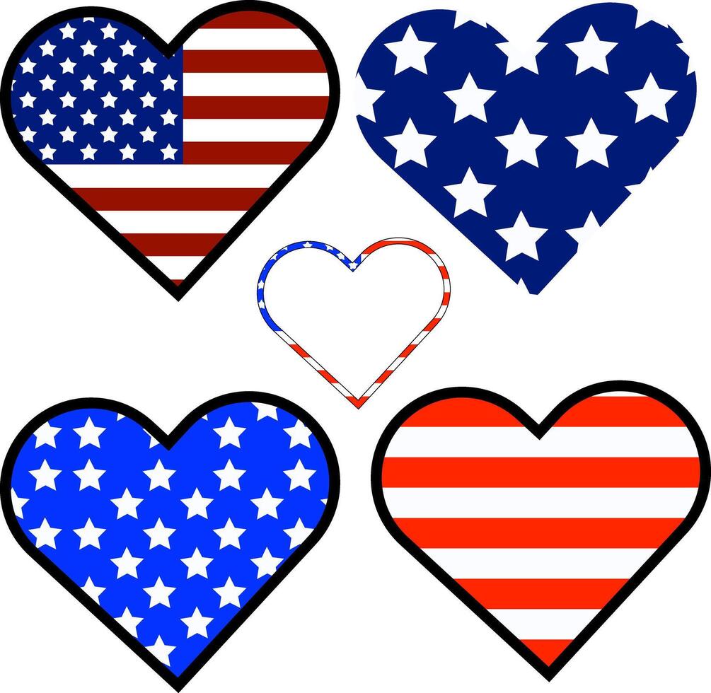 4to de julio corazones en Estados Unidos bandera diseño. corazones en estrellas y rayas. patriótico decoración para independencia día, Arte. cuarto de julio America con amor. monumento día. ilustración vector