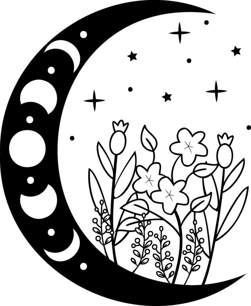 Enhance your sacred space with this mystical floral moon phase art print, featuring a boho botanical astronomy symbol and mysterious galaxy icon. vector