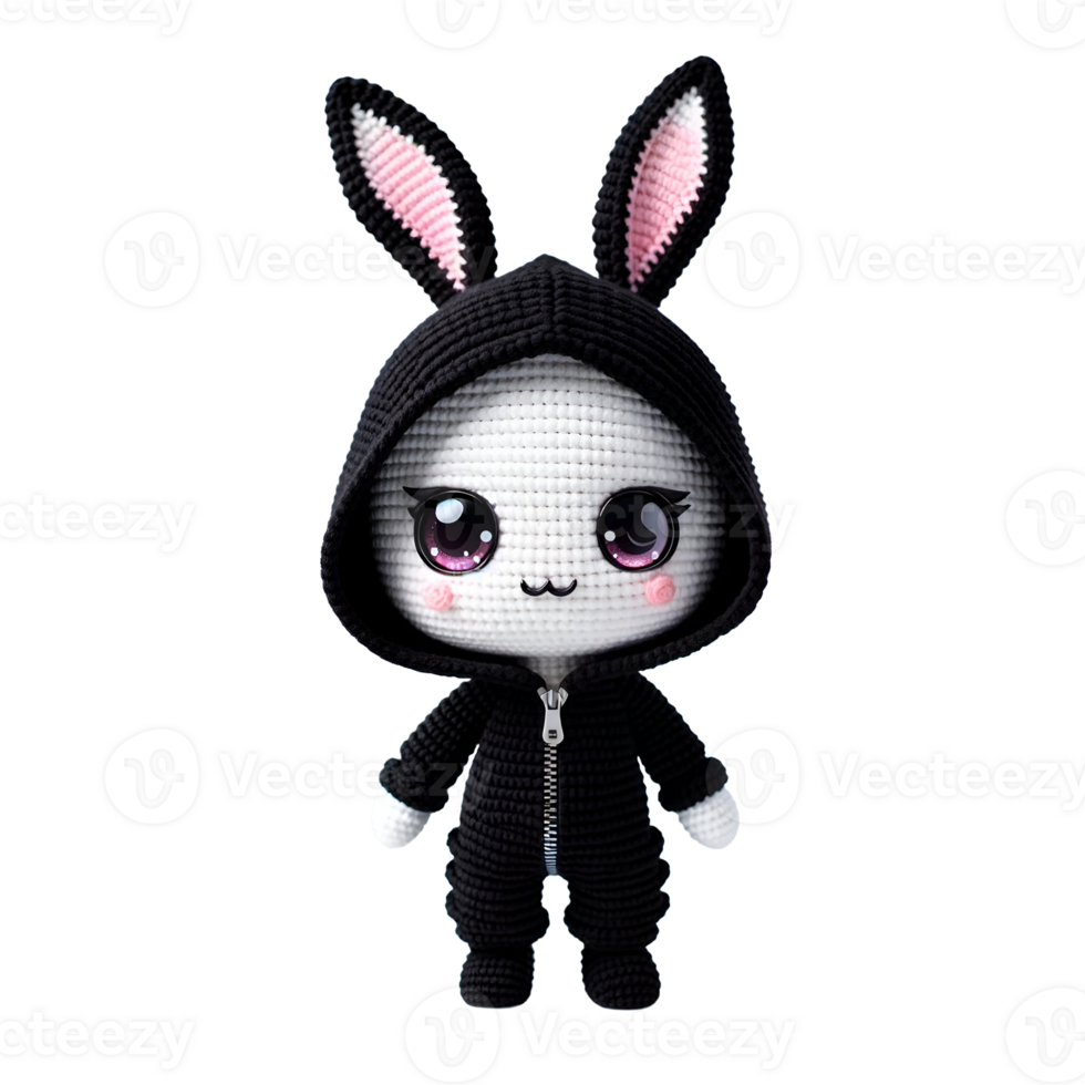 Handmade Kawaii Amigurumi Doll with Black Hood, Expressive Eyes, Pink Rabbit Ears, Dark Purple Jumpsuit - Cute Plush Toy png