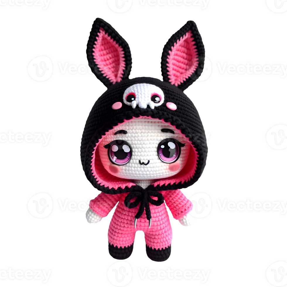 Handmade Kawaii Amigurumi Doll with Black Hood, Expressive Eyes, Rabbit Ears, Pink Jumpsuit - Cute Plush Toy png