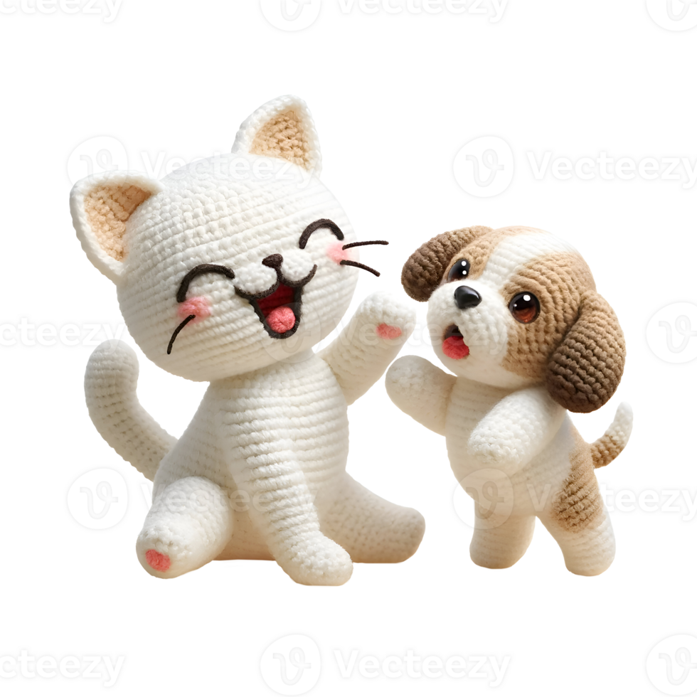 Joyful Amigurumi White Cat and Puppy Playing on Transparent Background, Isolated on Transparent Background, for T-Shirt Design, Stickers, Wall Art png