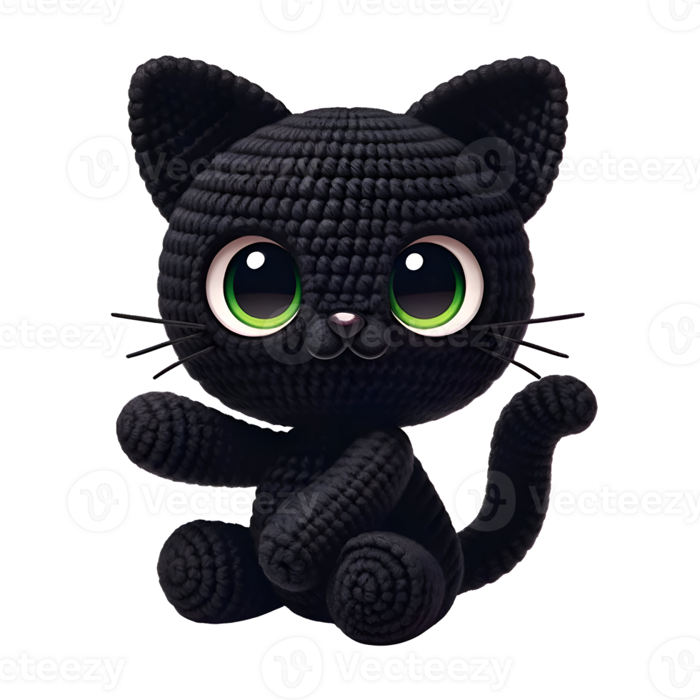 espiègle amigurumi noir chat avec vert yeux, isolé sur transparent arrière-plan, pour T-shirt conception, autocollants, mur art png