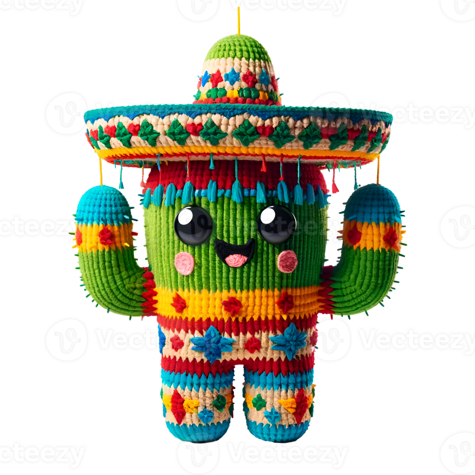 Adorable Cactus Charro Pinata with Sombrero, Vibrant Green, Blue, Yellow and Red Stripes, Cute Smiling Face, Fluffy Yarn, Festive Mexican Theme Decor, Greeting Card, Wall Art, T-Shirt png