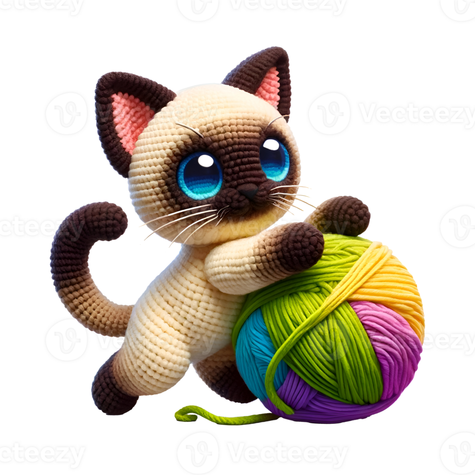 Amigurumi Siamese Cat Chasing Colorful Yarn Ball in Mid-Leap, Playful and Fluffy, Isolated on Transparent Background, for T-Shirt Design, Stickers, Wall Art png