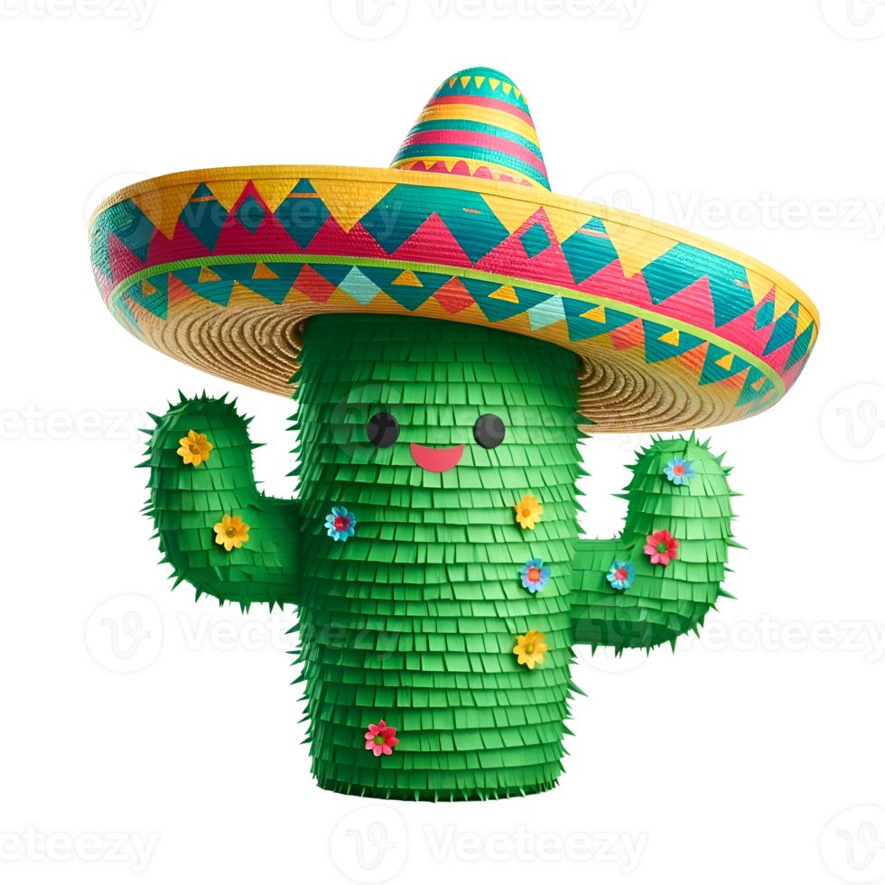 Vibrant Green Cactus Pinata with Brightly Colored Sombrero Isolated on White Background - Perfect for Mexican-Themed Parties, Cinco de Mayo, and Fiesta Celebrations png
