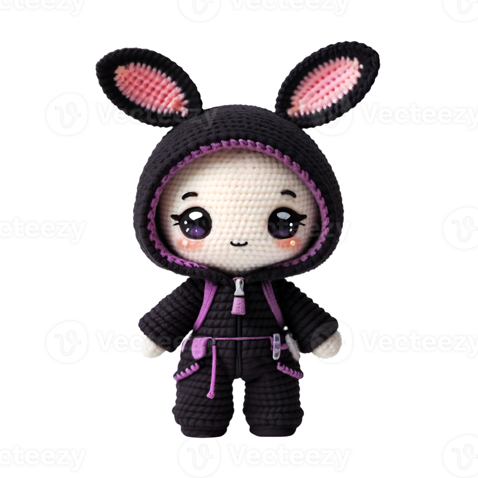 Fait main kawaii amigurumi poupée avec noir capot, expressif yeux, rose lapin oreilles, foncé violet combinaison - mignonne peluche jouet png