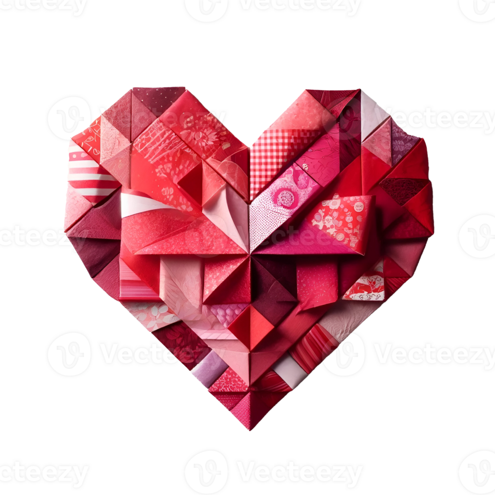 rouge origami cœur avec divers motifs sur une transparent arrière-plan, détaillé papier art, valentines jour, Fait main artisanat, affiche, mur art png