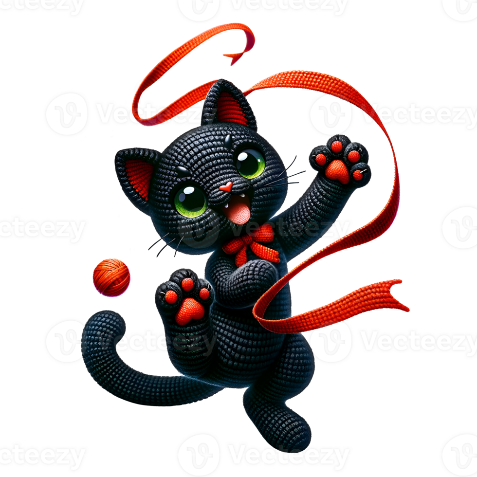 Amigurumi Black Cat Playing with Red Ribbon, Full Body, Laughing Expression, Isolated on Transparent Background, for T-Shirt Design, Stickers, Wall Art png