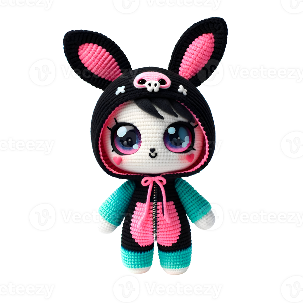 Handmade Kawaii Amigurumi Doll with Black Hood, pink skull, Expressive Eyes, Rabbit Ears, Pink and Teal Jumpsuit - Cute Plush Toy png