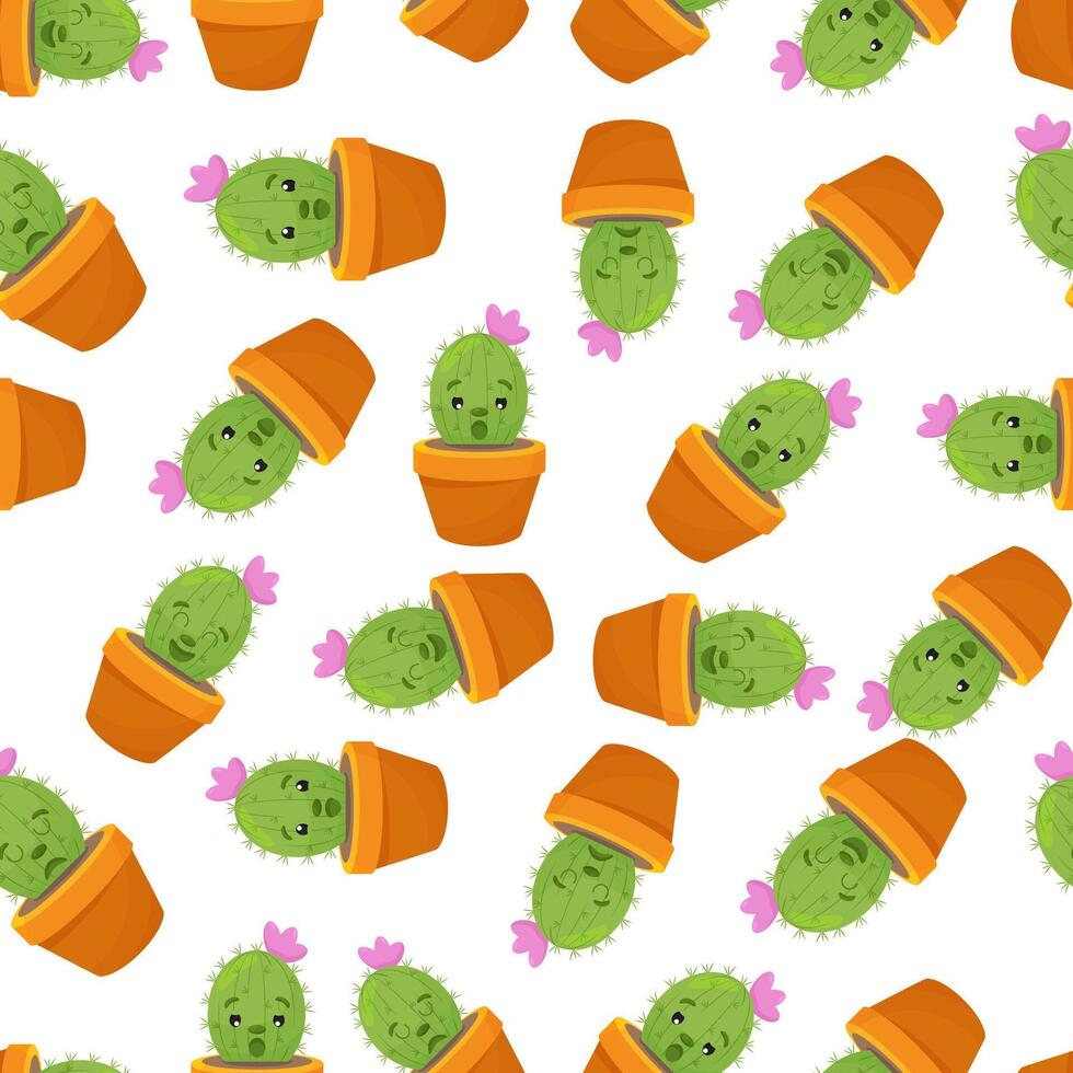Seamless pattern with cute kawaii cactus and succulents with funny faces in pots. vector