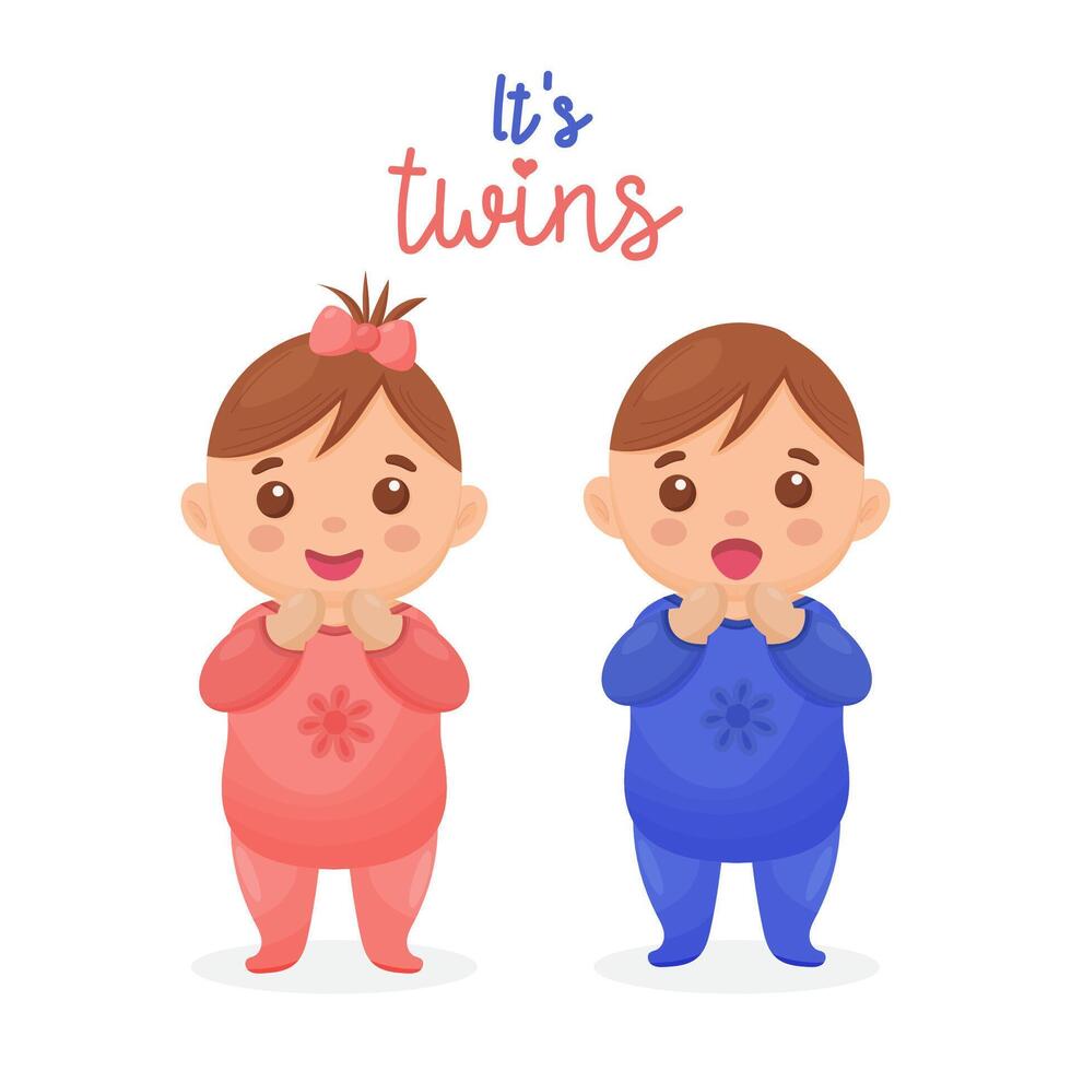 Two cute twin babies, a baby girl and a baby boy. vector