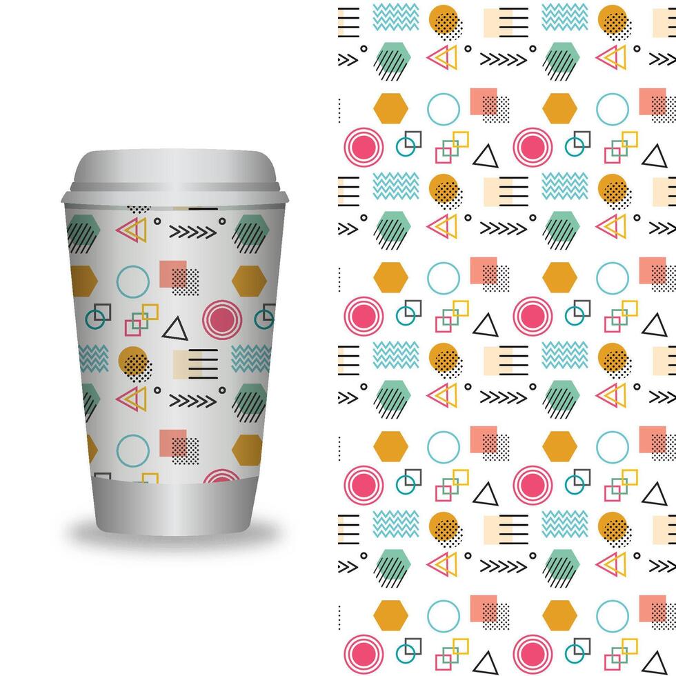 Take away coffee packaging templates and design elements for coffee shops - cardboard cup with seamless patterns. vector