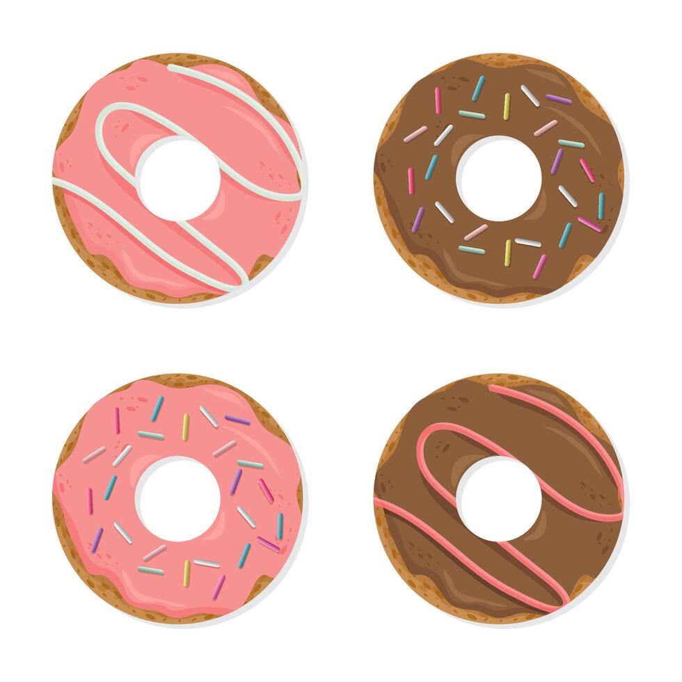 Set of cartoon colorful donuts isolated on white background. Top View Doughnuts collection into glaze for menu design, cafe decoration, delivery box. illustration in flat style. vector