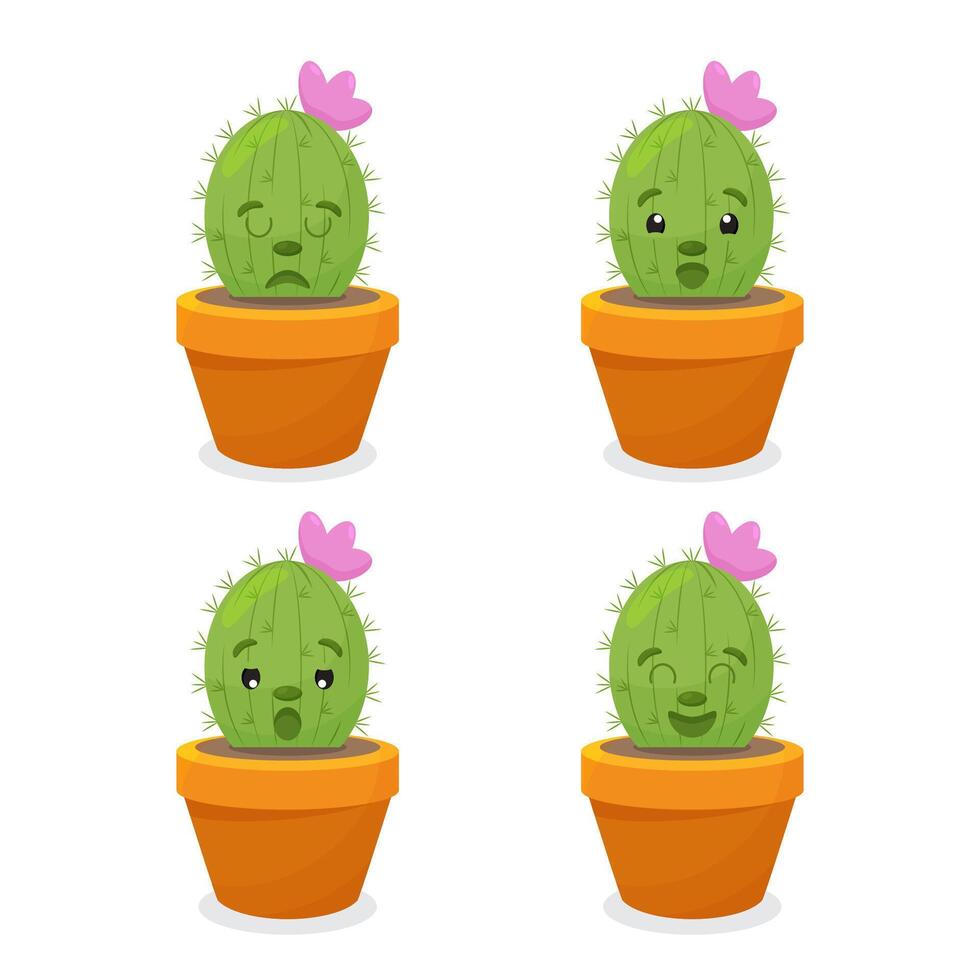 conjunto de ilustraciones de linda dibujos animados cactus con gracioso caras en ollas y con plantas. lata ser usado para tarjetas, invitaciones o me gusta pegatina. vector