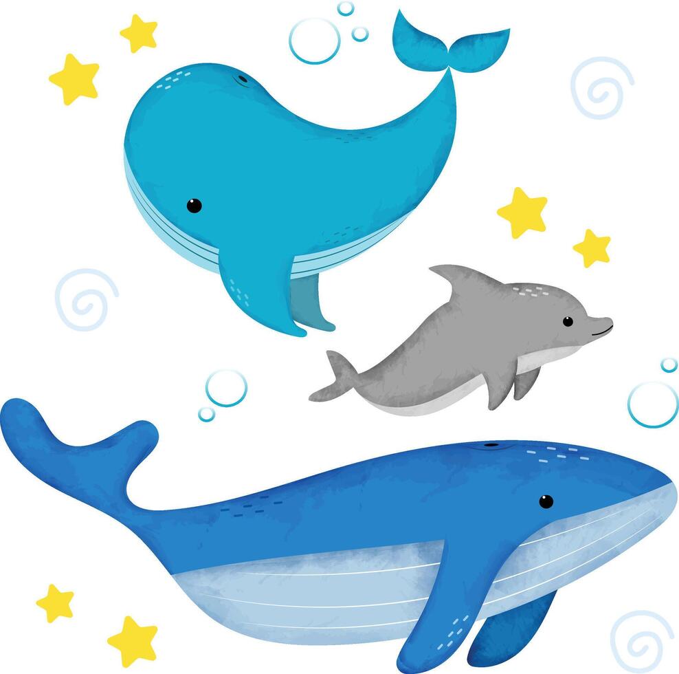 Set of cartoon ocean animals. Two whales and dolphin. Can be used for kids stationery or for children books. vector