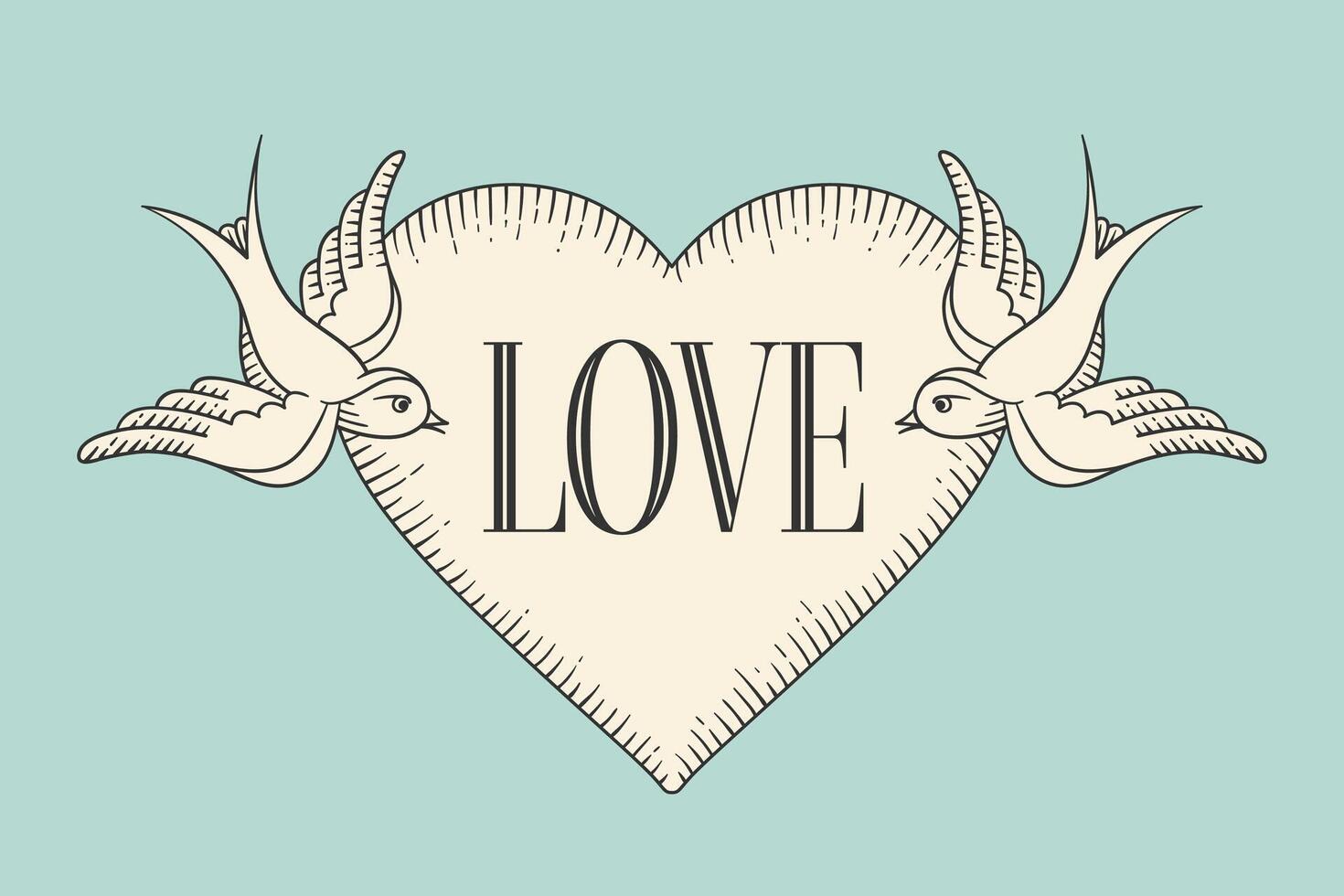 Set of old vintage ribbon banner with word Love, heart and tattoo bird in engraving style on a turquoise background. Hand drawn design element. illustration. vector