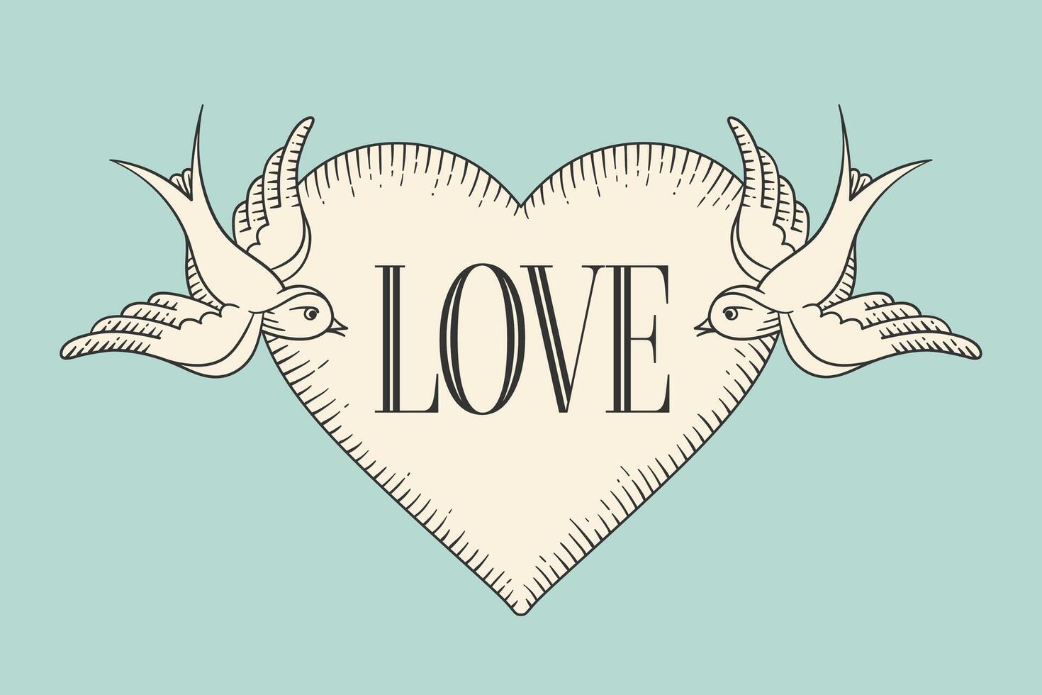 Set of old vintage ribbon banner with word Love, heart and tattoo bird in engraving style on a turquoise background. Hand drawn design element. illustration. vector