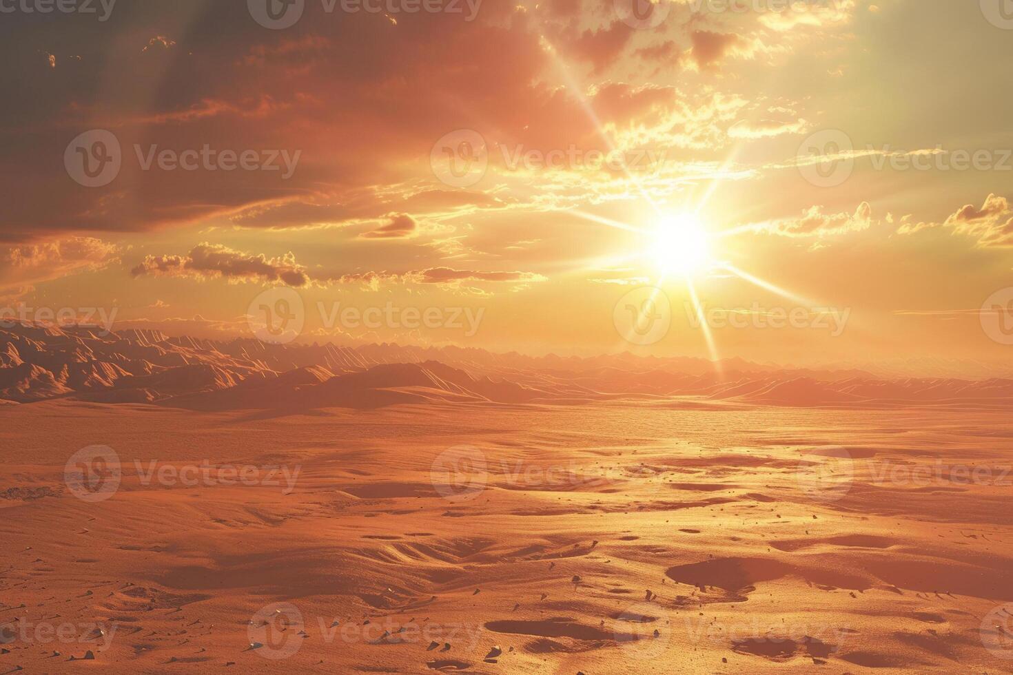 Sun baked desert with a mirage shimmering in the distance, an overwhelming sense of heat photo