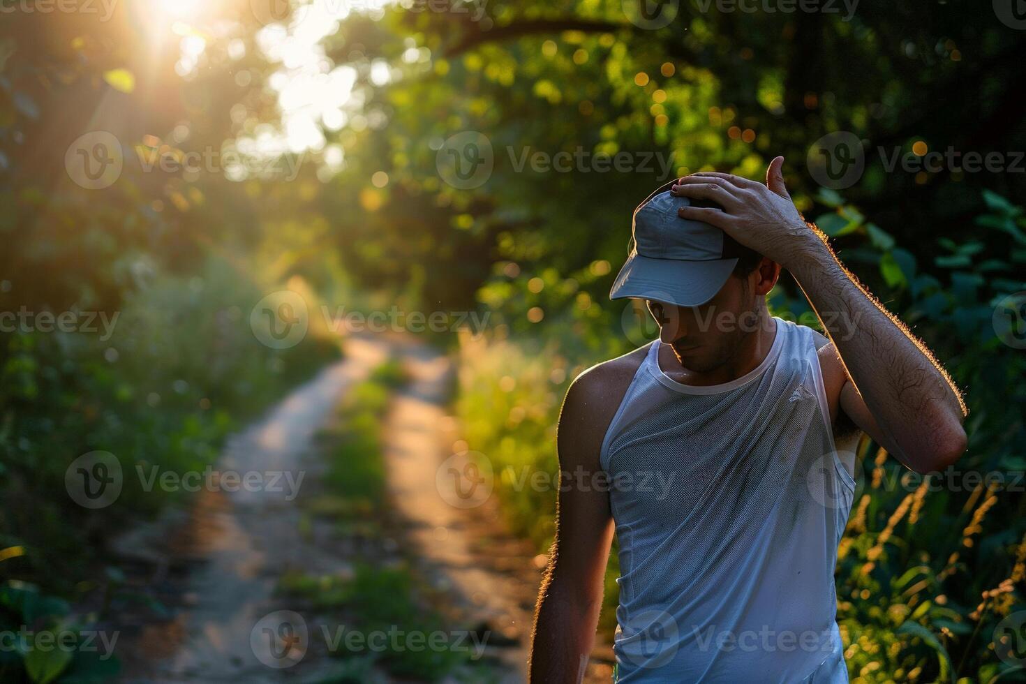 Jogger pausing under the last bit of shade on a trail, overheated and tired, wiping sweat away photo