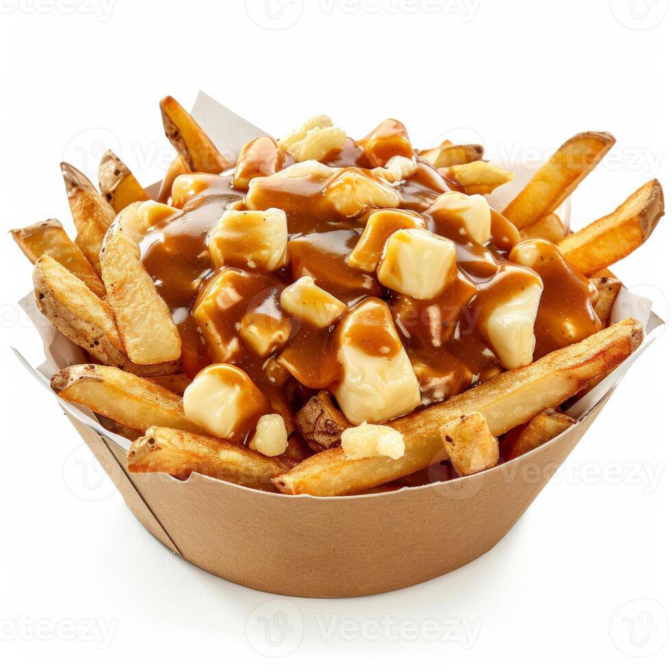 Canadian poutine with cheese curds and gravy isolated on white background photo