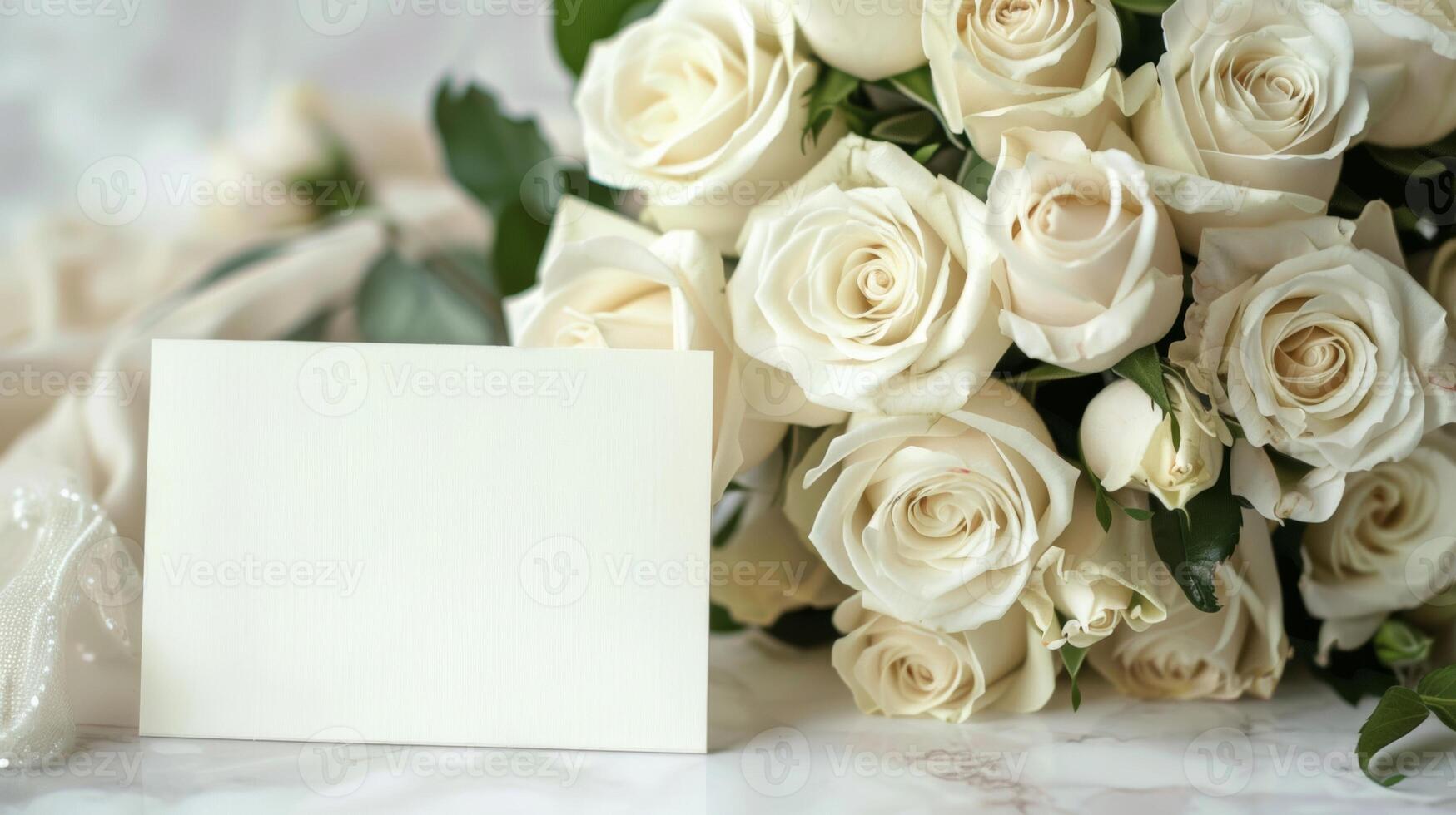 mockup of a white card beside white rose bouquet, soft pastel tones photo