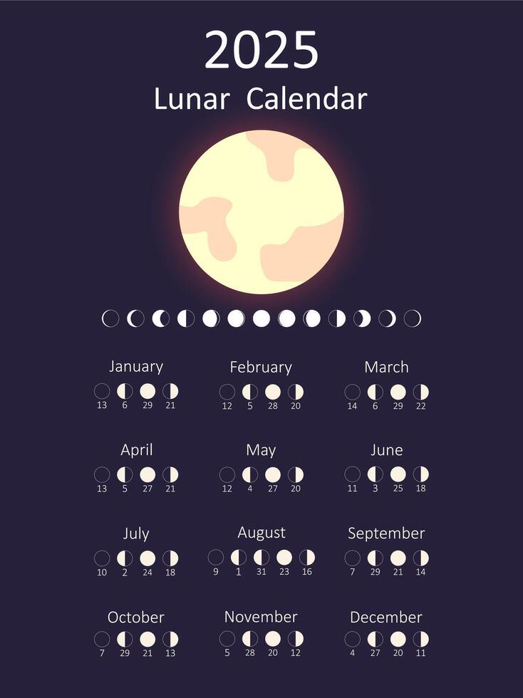 Moon calendar. lunar calendar for 2025 year. illustration vector