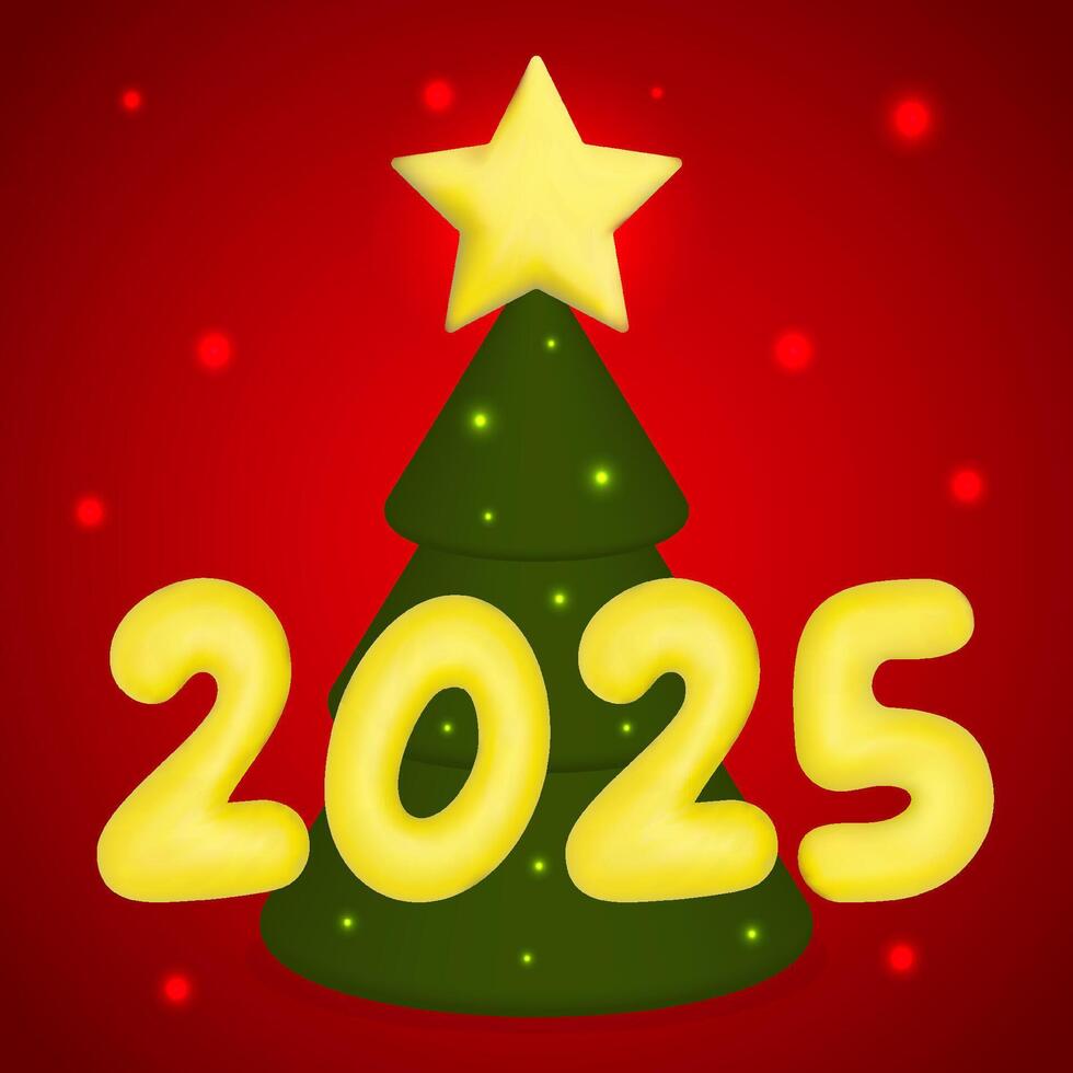 Happy new year 2025. 3d Christmas tree and 2025 on red background