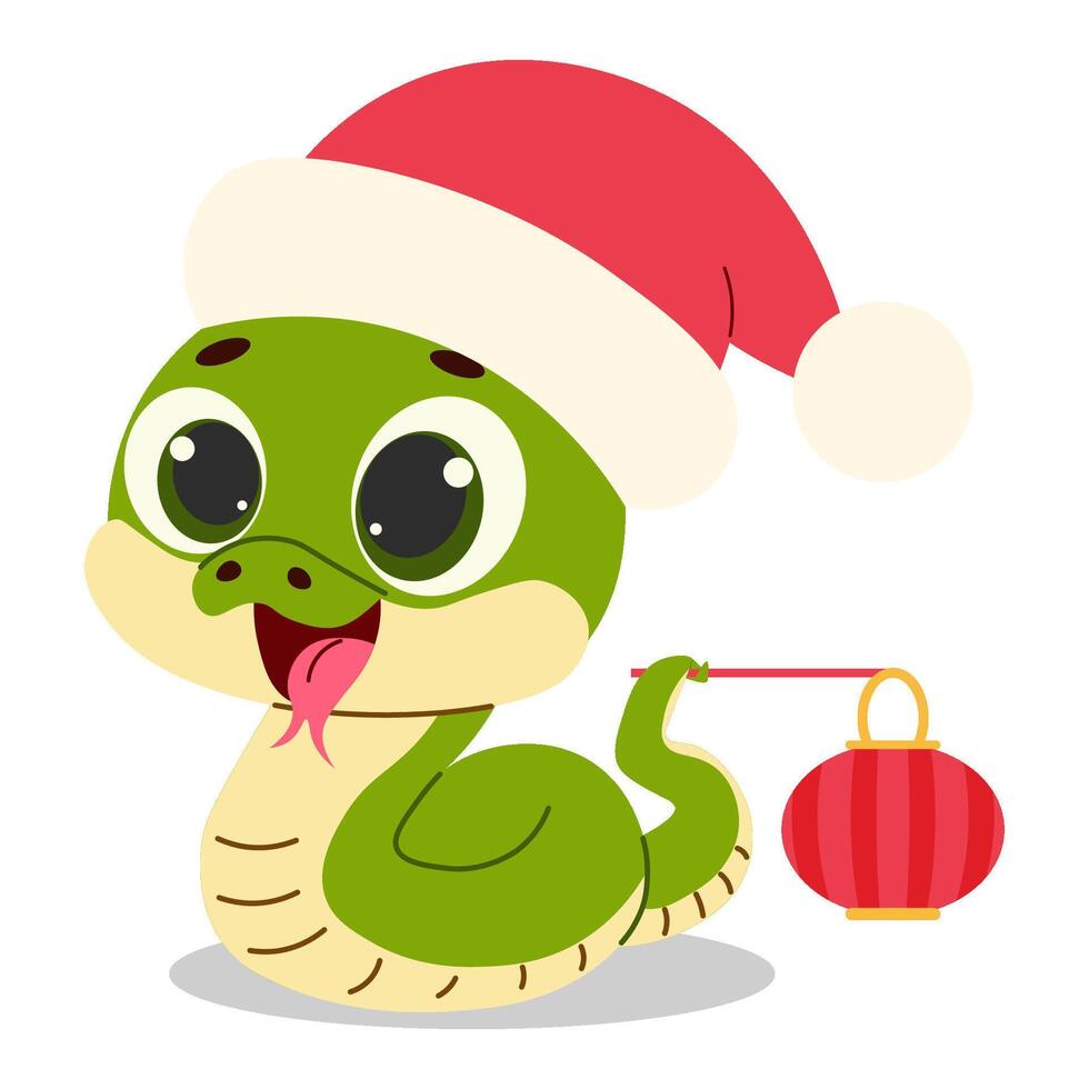 2025 chino nuevo año. un linda serpiente en un rojo montando capucha y un chino linterna. ilustración. alegre Navidad vector