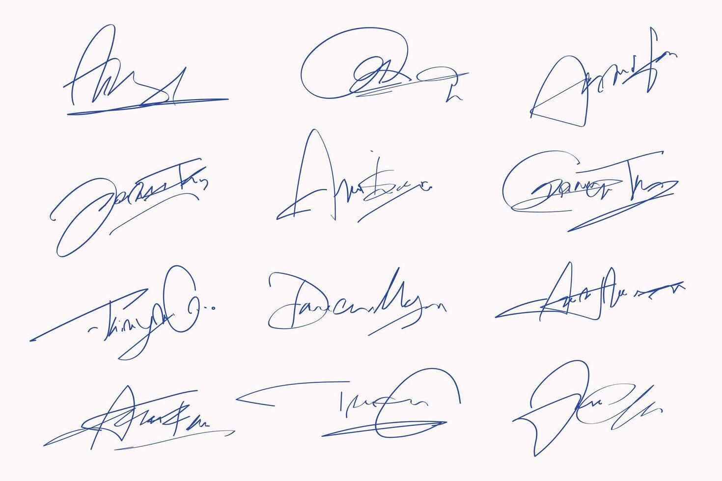 Signatures set. Fictitious handwritten signatures for signing documents on white background. vector