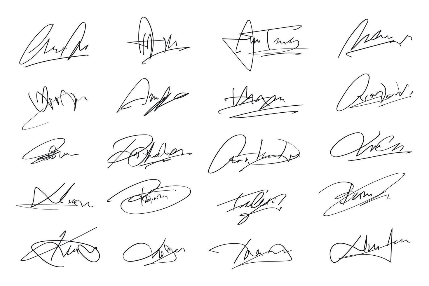 Signatures set. Fictitious handwritten signatures for signing documents on white background. vector